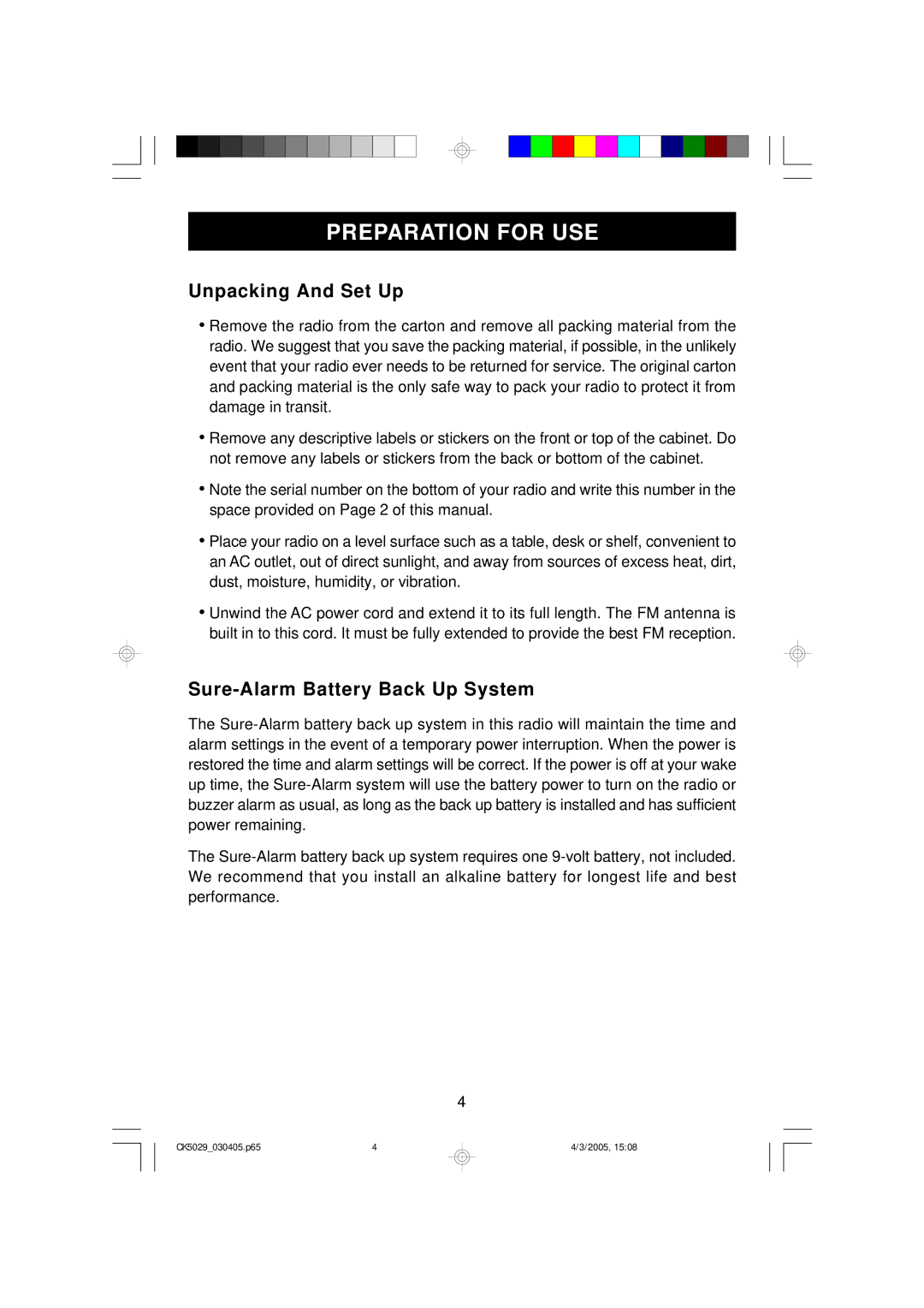 Emerson CK5029 owner manual Preparation for USE, Unpacking And Set Up, Sure-Alarm Battery Back Up System 