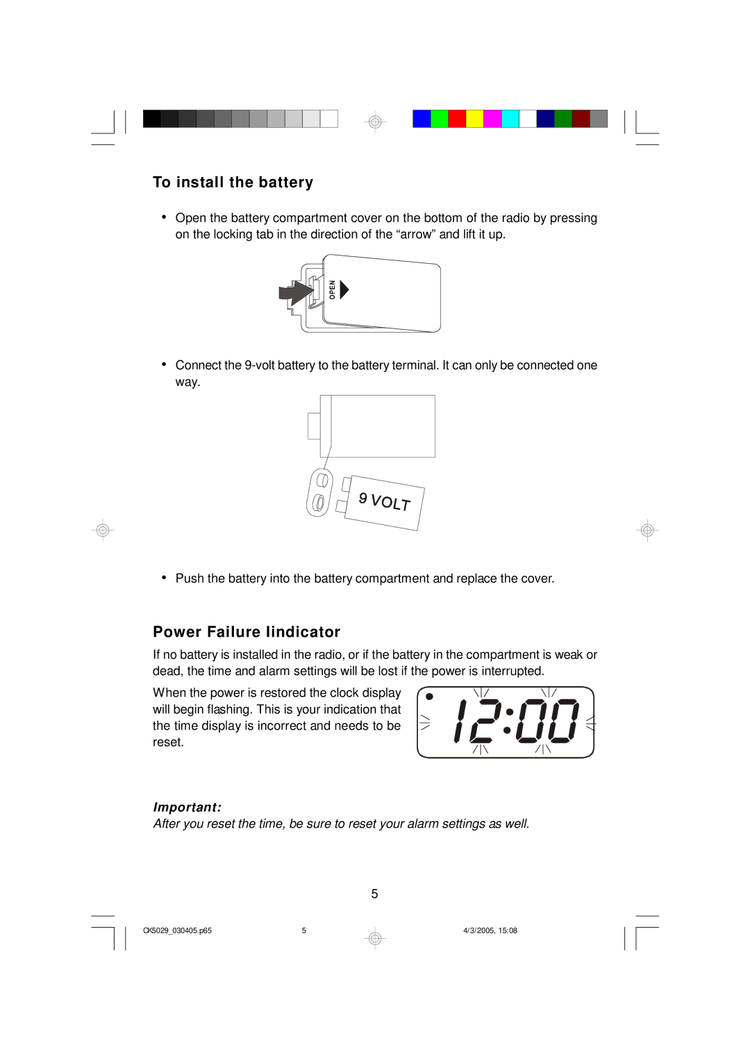 Emerson CK5029 owner manual To install the battery, Power Failure Iindicator 