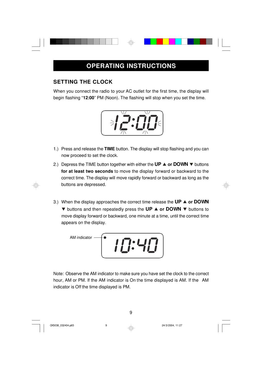 Emerson CK5038 owner manual Operating Instructions, Setting the Clock 