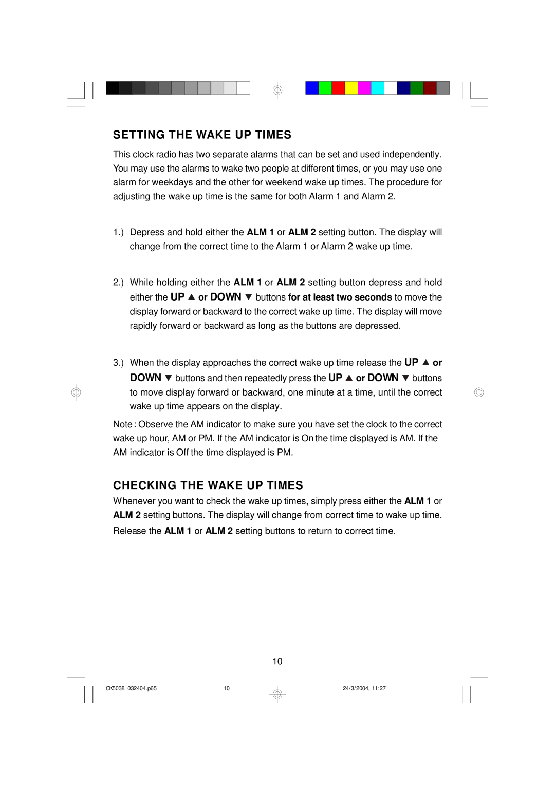 Emerson CK5038 owner manual Setting the Wake UP Times, Checking the Wake UP Times 