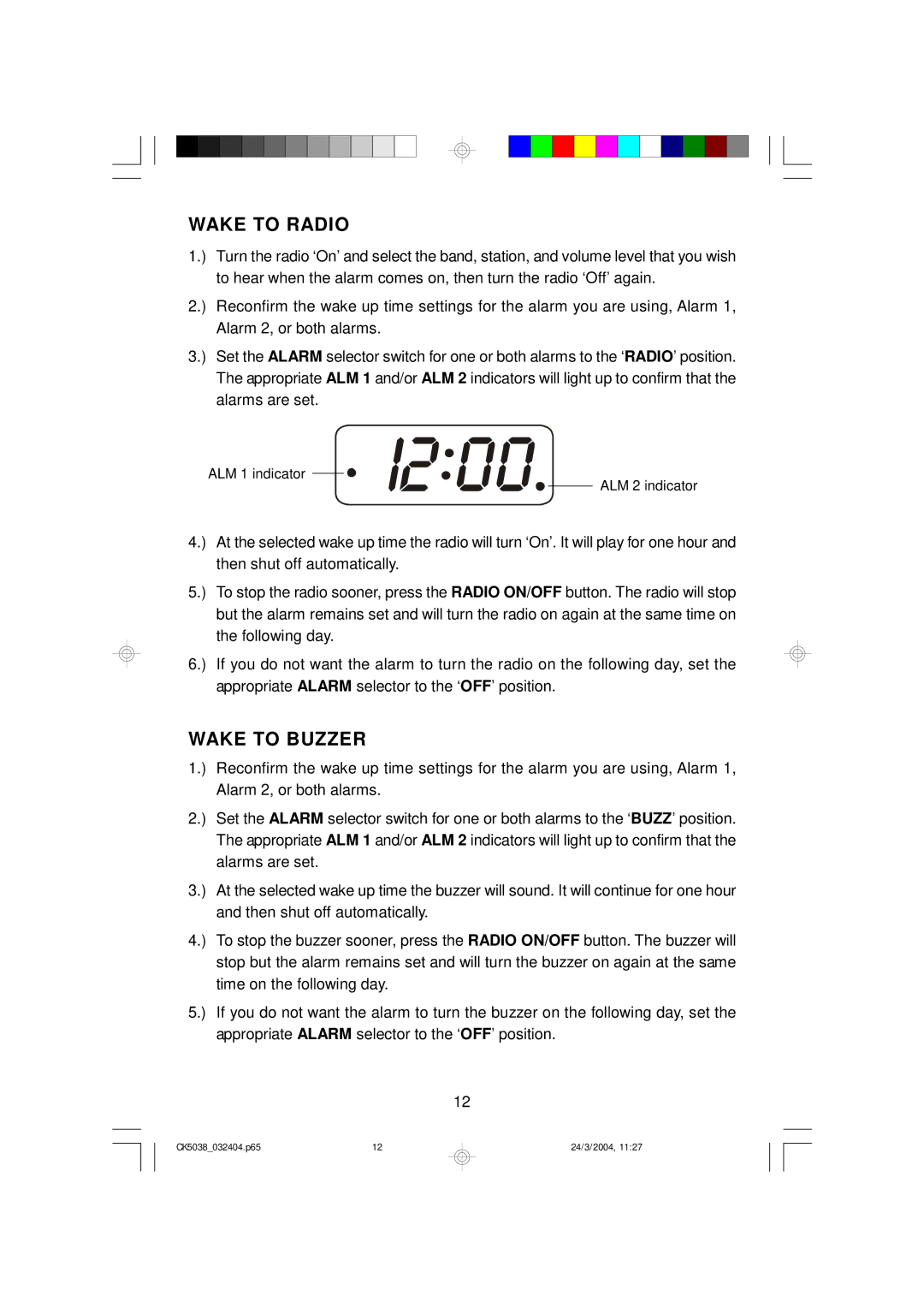 Emerson CK5038 owner manual Wake to Radio, Wake to Buzzer 