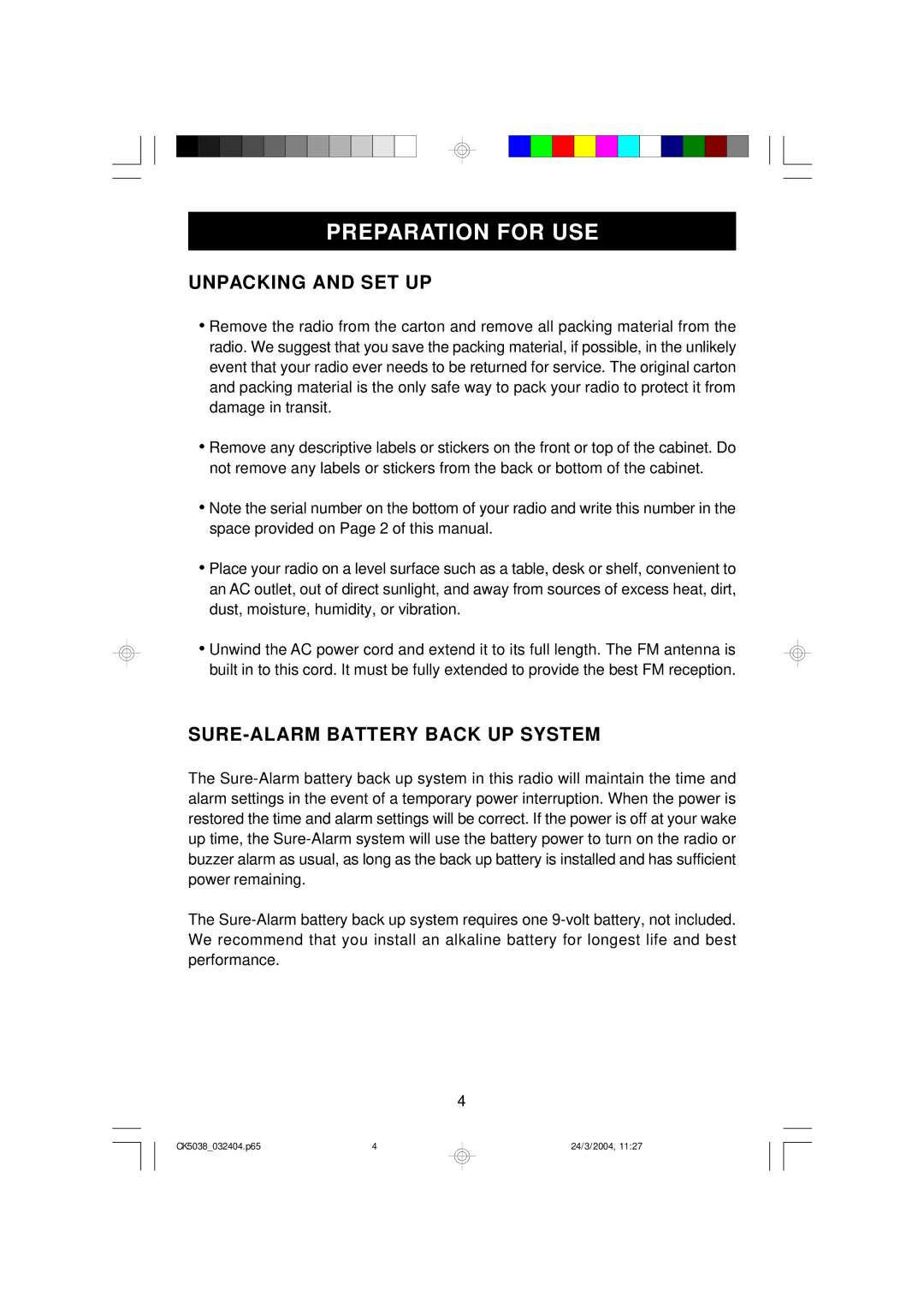 Emerson CK5038 owner manual Preparation for USE, Unpacking and SET UP, SURE-ALARM Battery Back UP System 