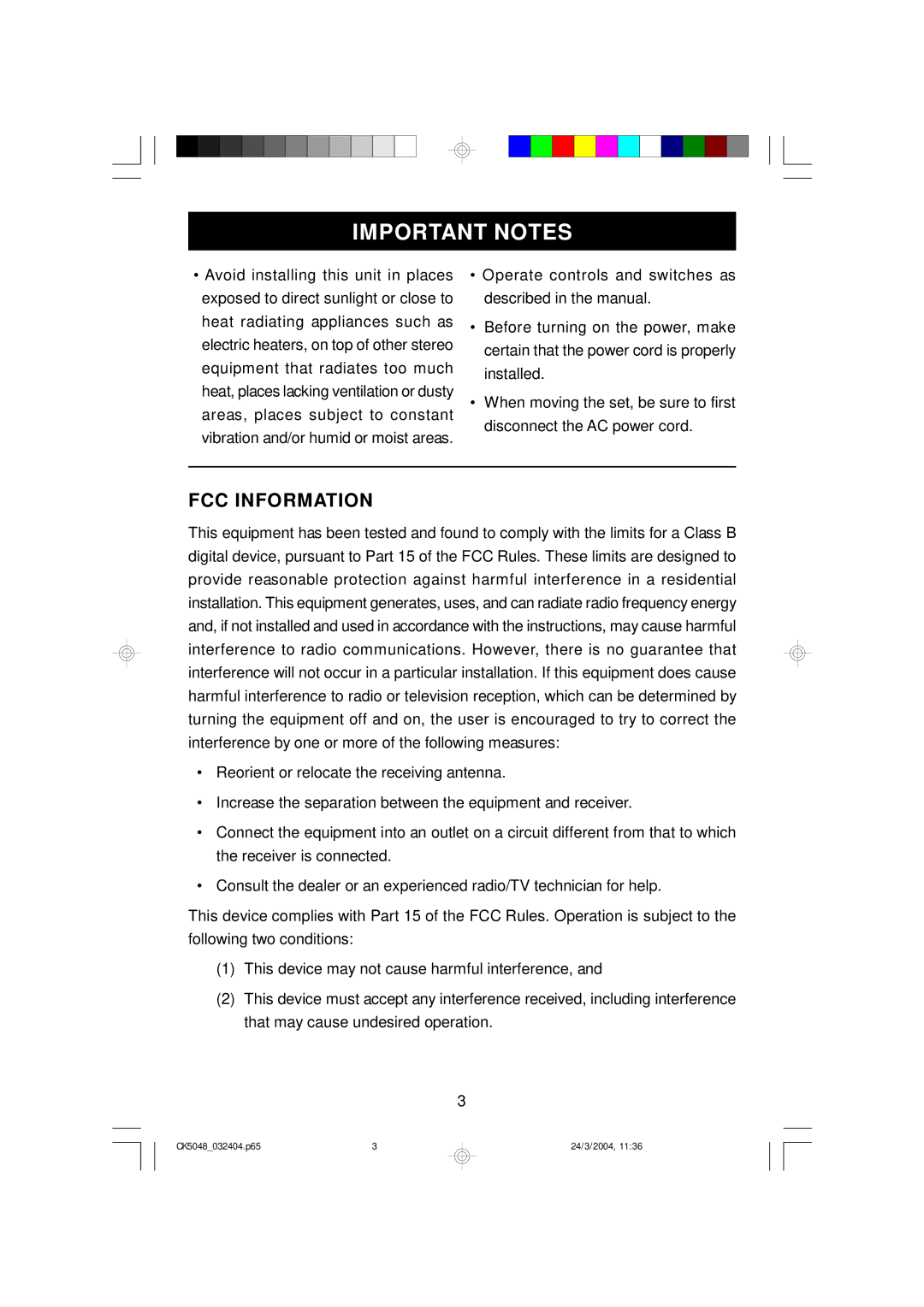 Emerson CK5048 owner manual Important Notes, FCC Information 