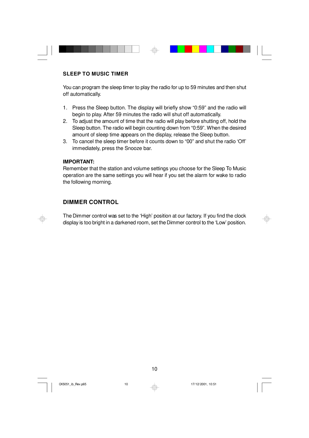 Emerson CK5051 owner manual Dimmer Control, Sleep to Music Timer 