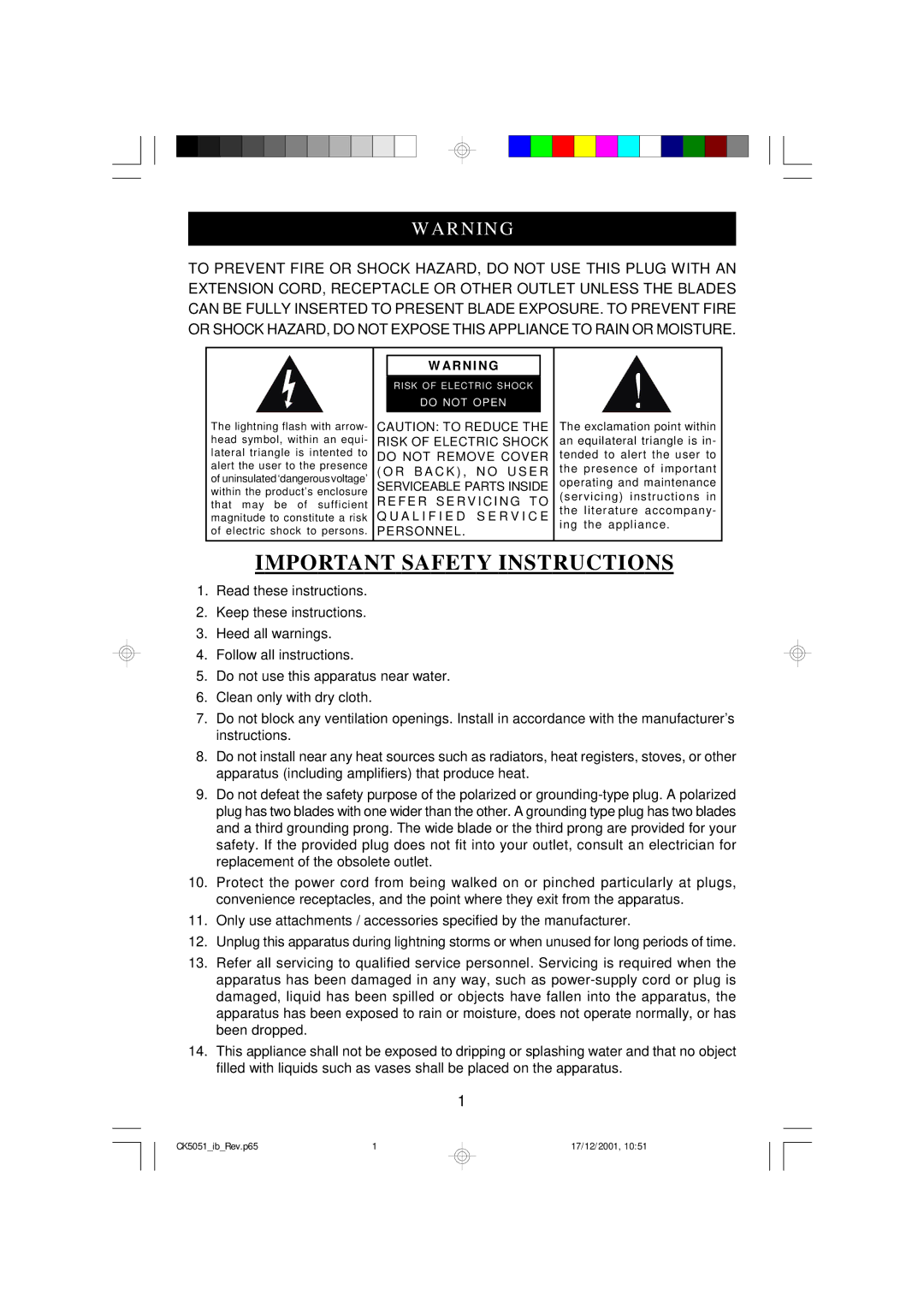 Emerson CK5051 owner manual Important Safety Instructions 