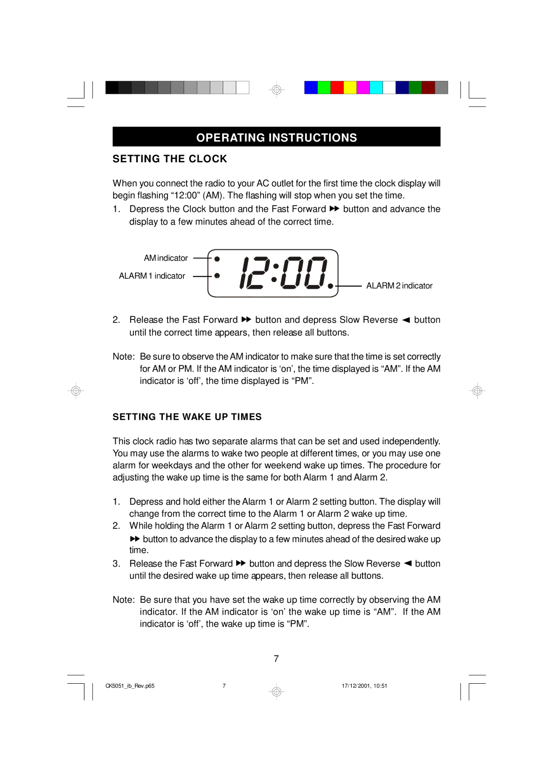 Emerson CK5051 owner manual Operating Instructions, Setting the Clock, Setting the Wake UP Times 