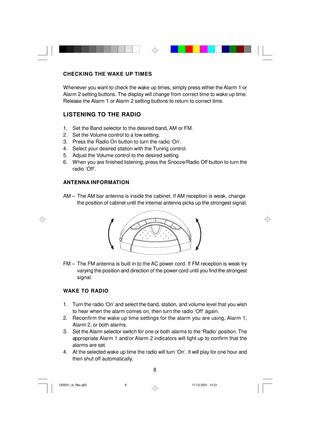 Emerson CK5051 owner manual Listening to the Radio, Checking the Wake UP Times, Antenna Information, Wake to Radio 