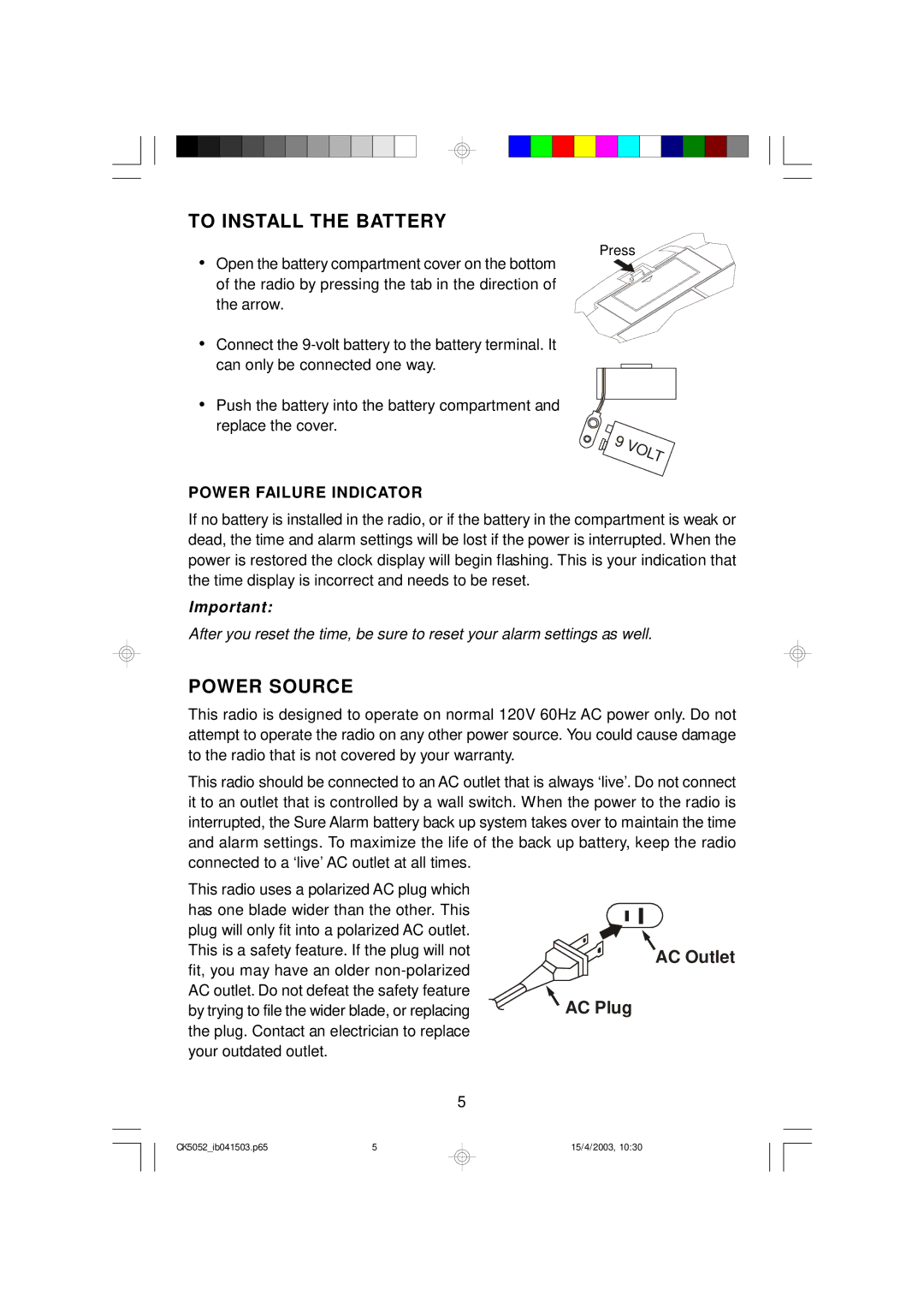 Emerson CK5052 owner manual To Install the Battery, Power Source 