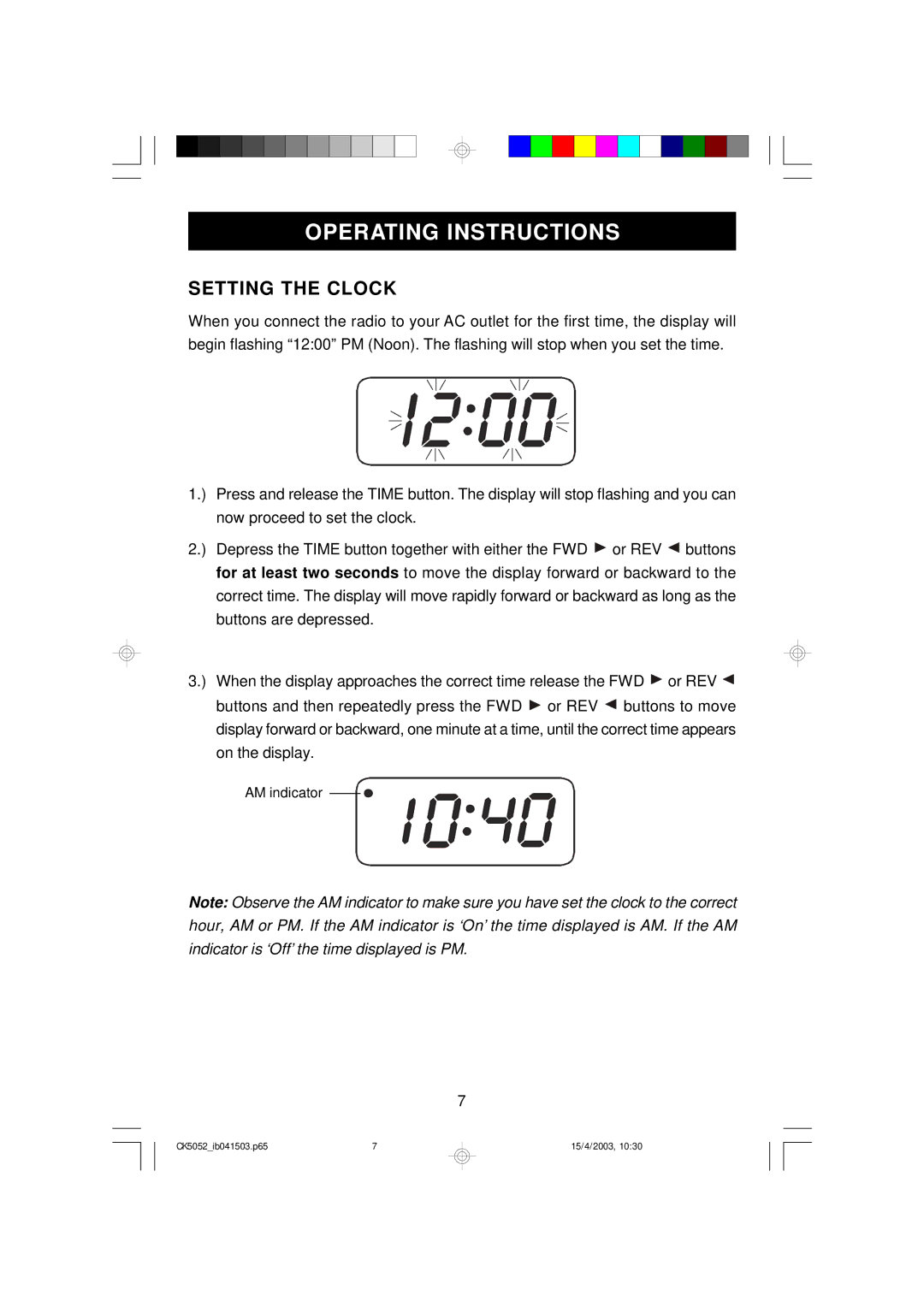 Emerson CK5052 owner manual Operating Instructions, Setting the Clock 