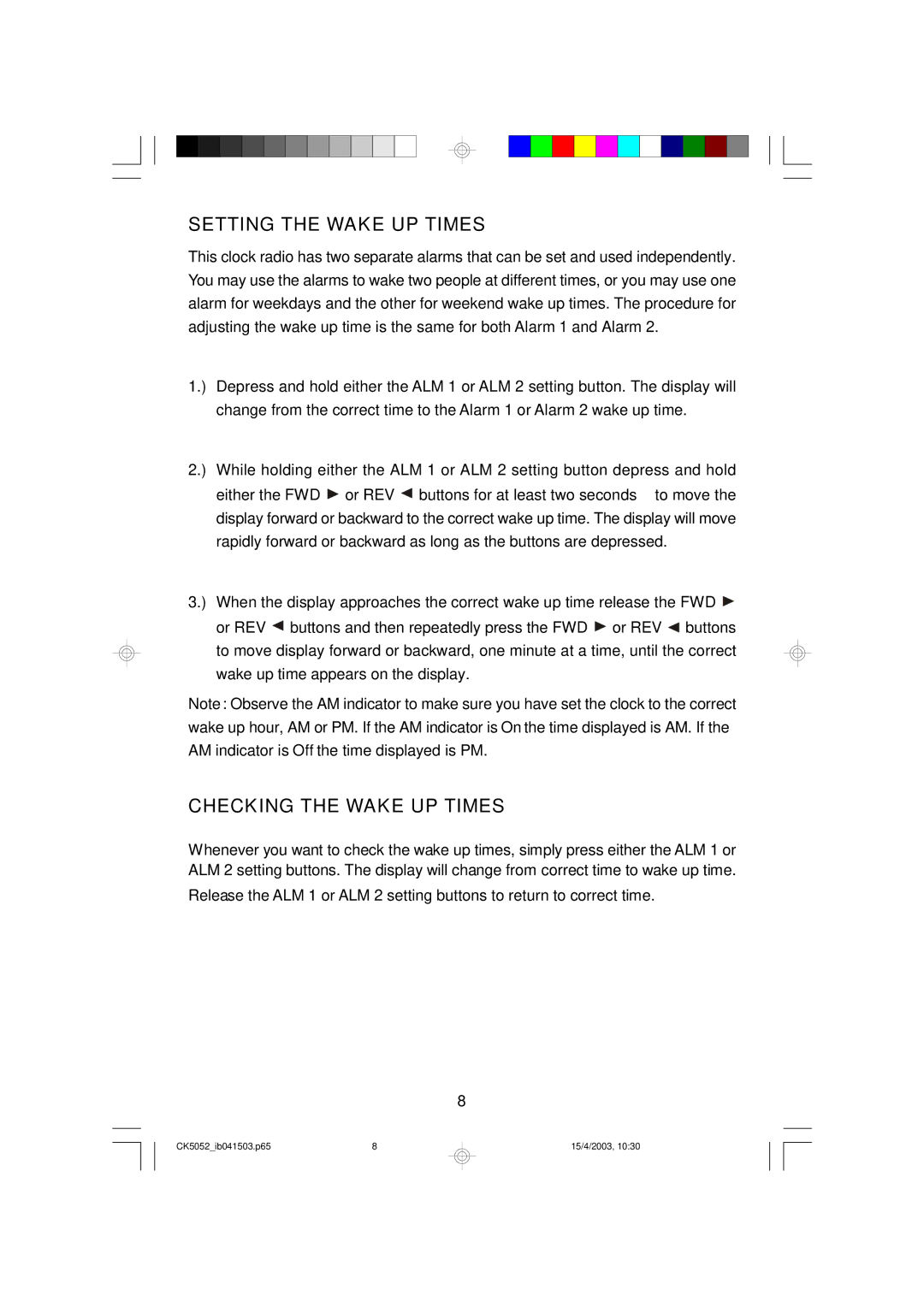 Emerson CK5052 owner manual Setting the Wake UP Times, Checking the Wake UP Times 