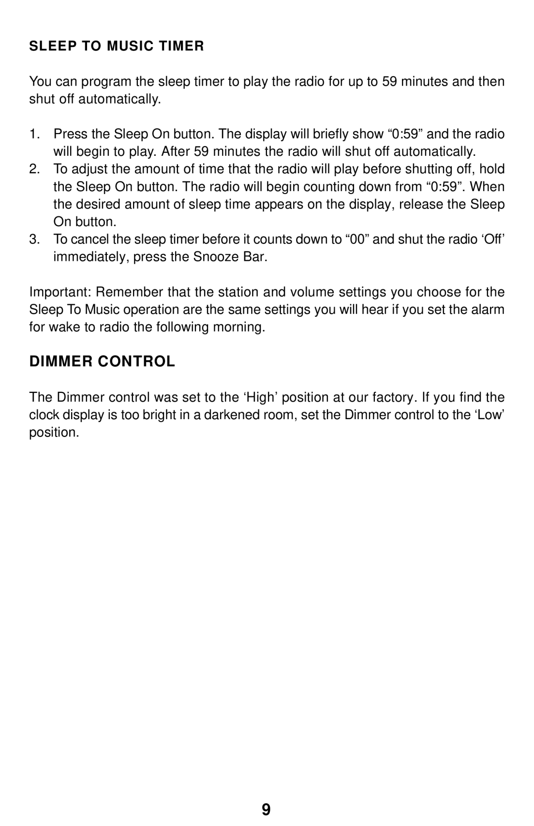 Emerson CK5238 owner manual Dimmer Control, Sleep to Music Timer 