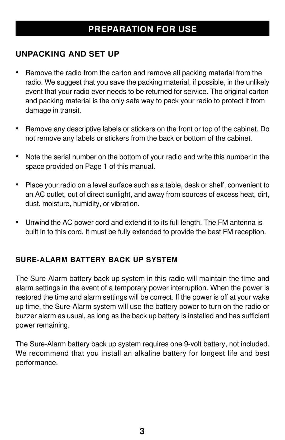 Emerson CK5238 owner manual Preparation for USE, Unpacking and SET UP, SURE-ALARM Battery Back UP System 