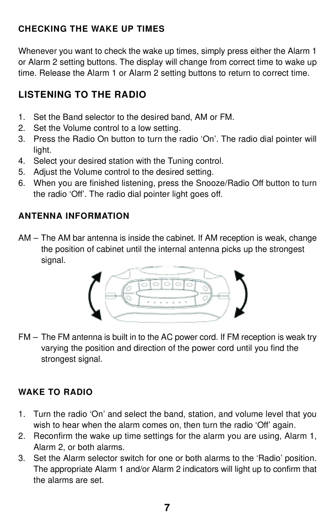 Emerson CK5238 owner manual Listening to the Radio, Checking the Wake UP Times, Antenna Information, Wake to Radio 