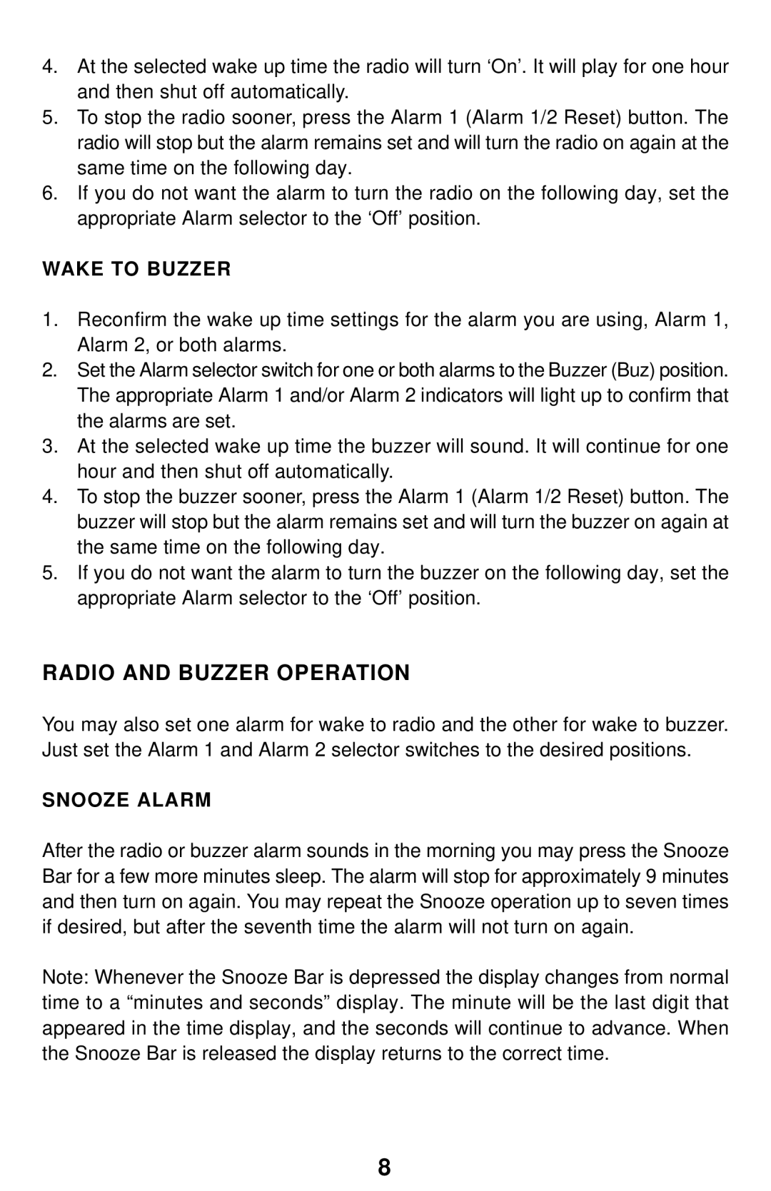 Emerson CK5238 owner manual Radio and Buzzer Operation, Wake to Buzzer, Snooze Alarm 