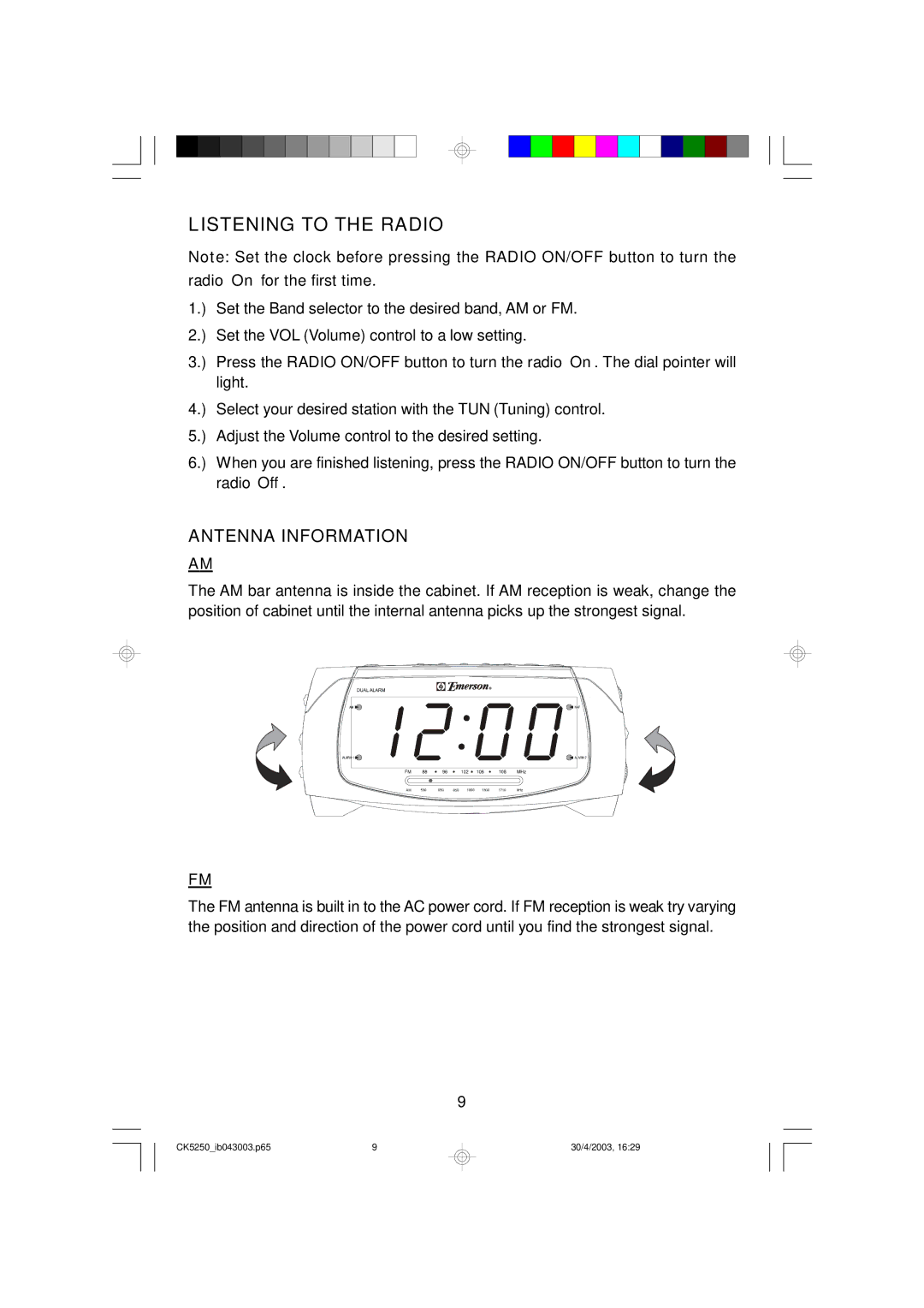 Emerson CK5250 owner manual Listening to the Radio, Antenna Information 