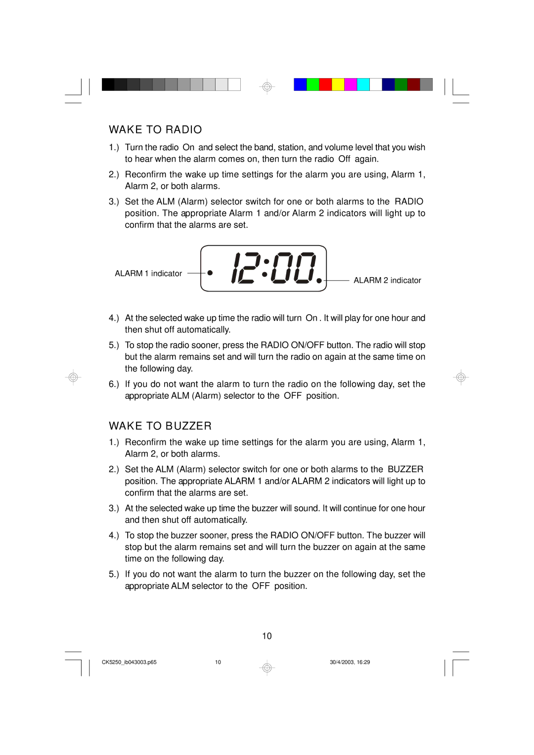 Emerson CK5250 owner manual Wake to Radio, Wake to Buzzer 