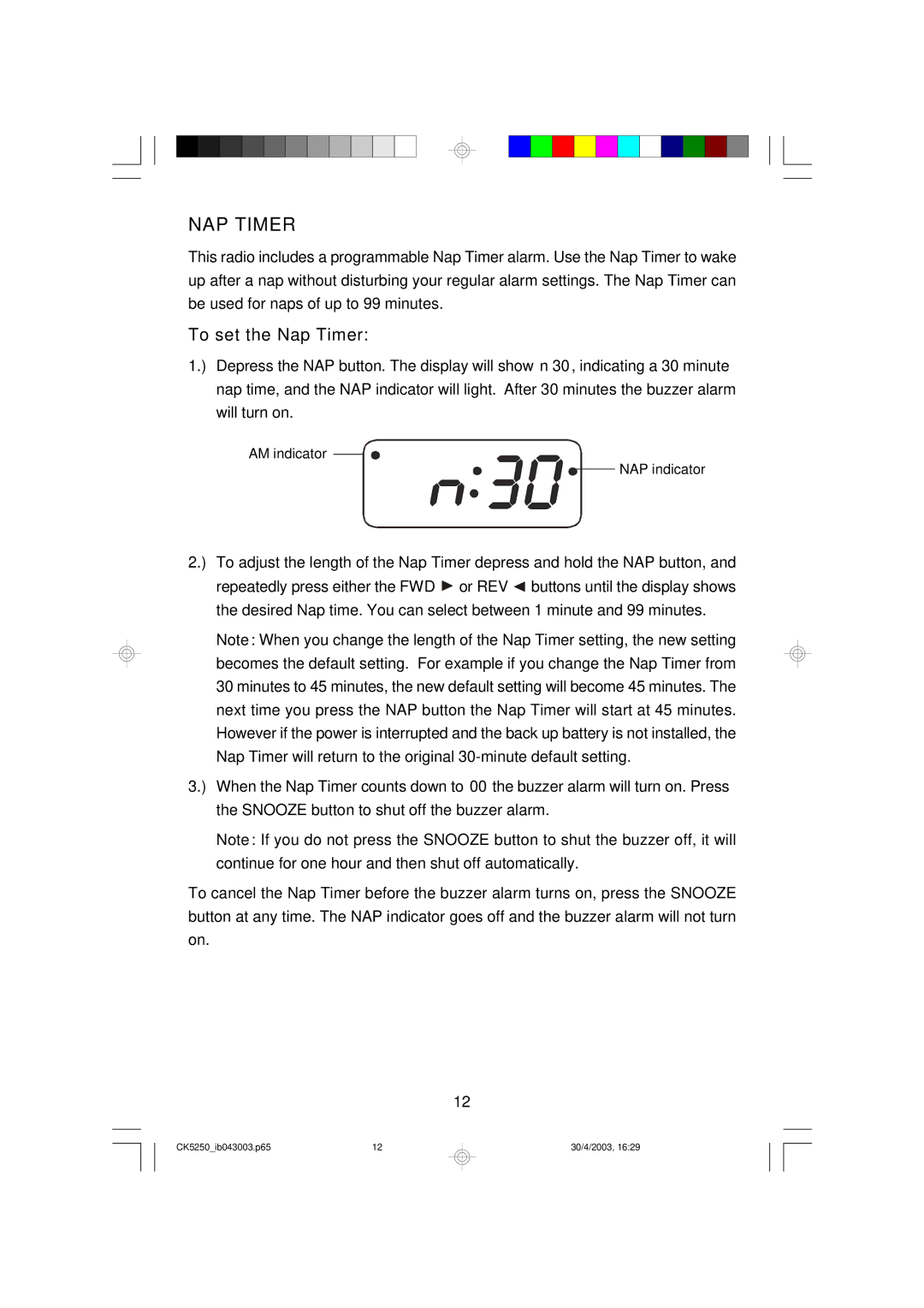 Emerson CK5250 owner manual NAP Timer, To set the Nap Timer 