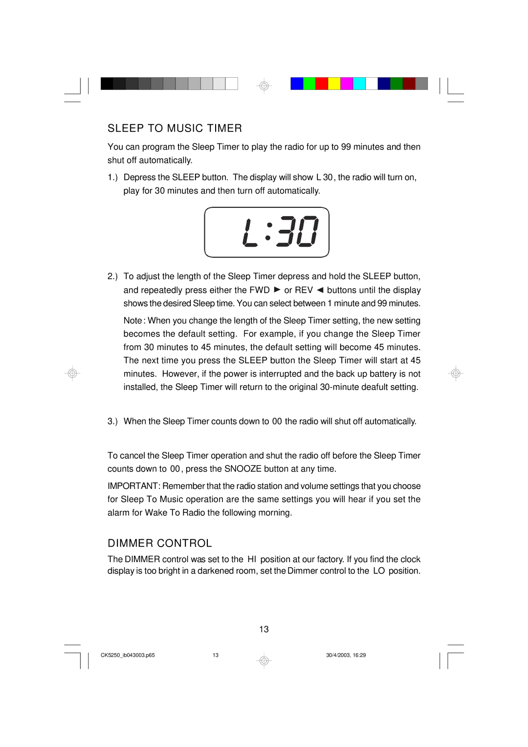 Emerson CK5250 owner manual Sleep to Music Timer, Dimmer Control 