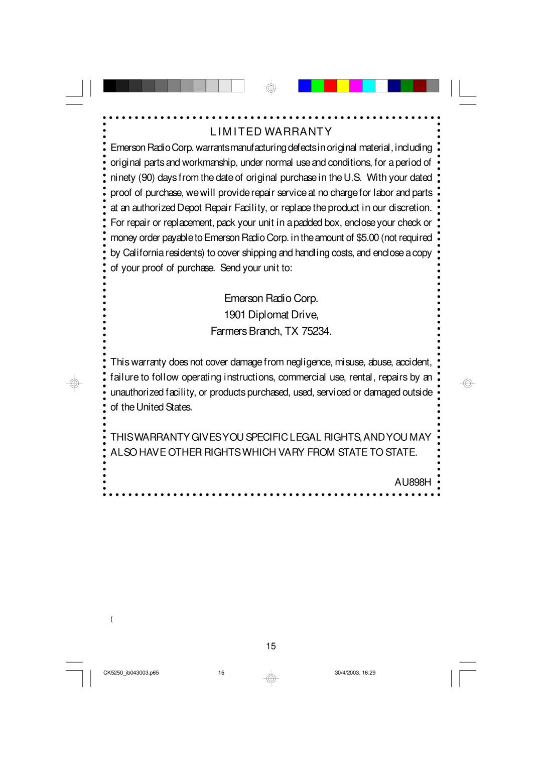 Emerson CK5250 owner manual Limited Warranty 