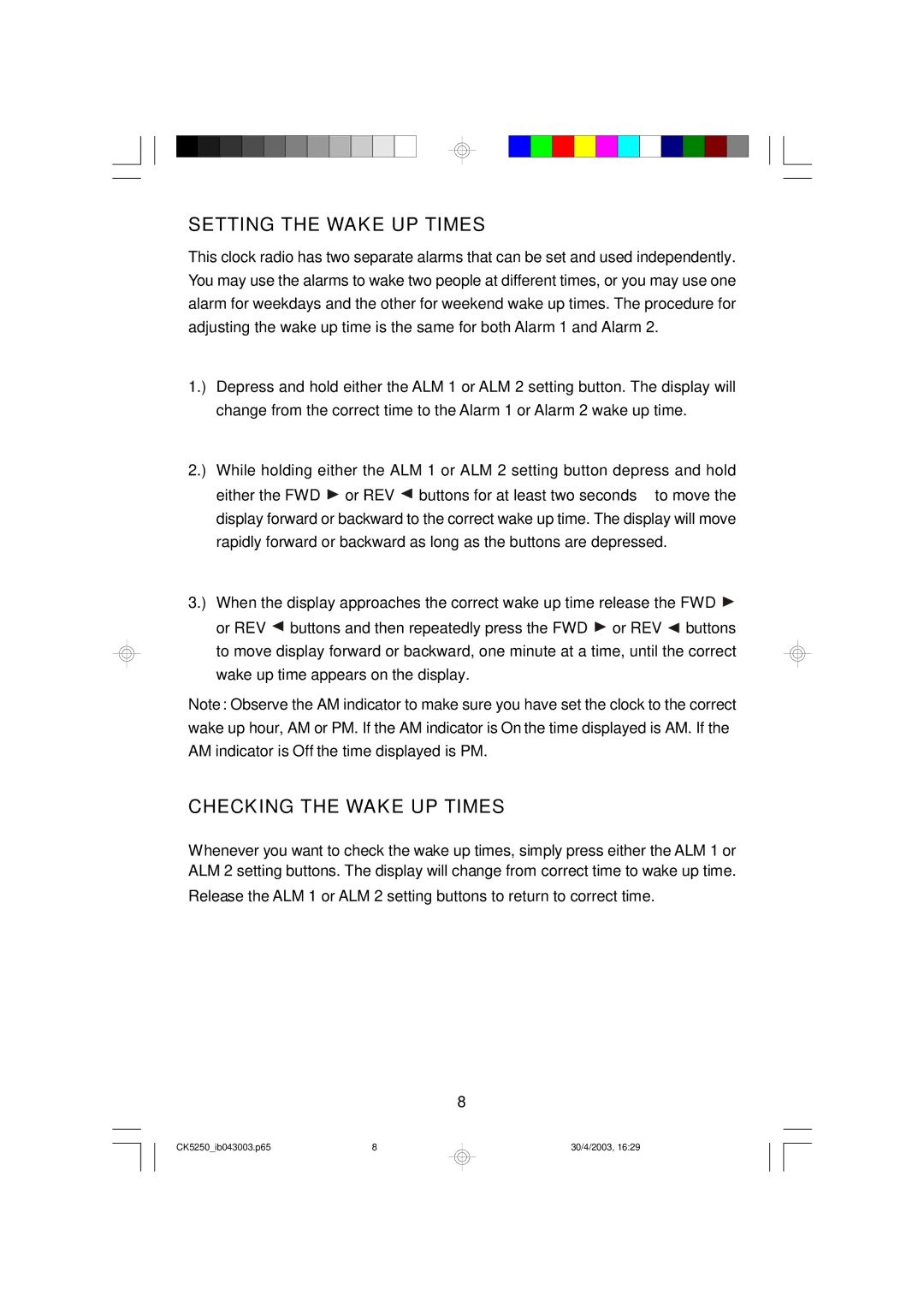 Emerson CK5250 owner manual Setting the Wake UP Times, Checking the Wake UP Times 