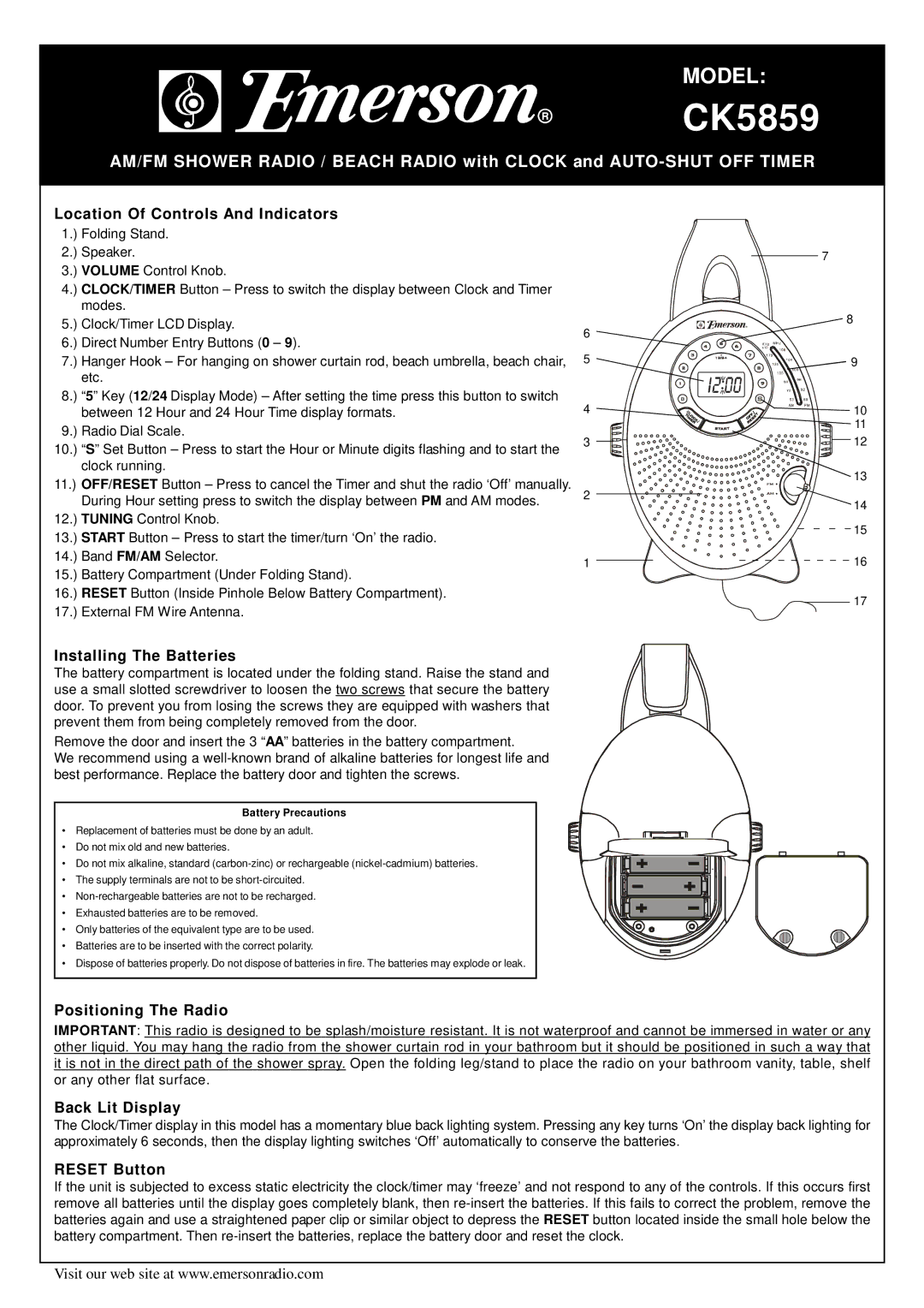 Emerson CK5859 manual Location Of Controls And Indicators, Installing The Batteries, Positioning The Radio, Reset Button 