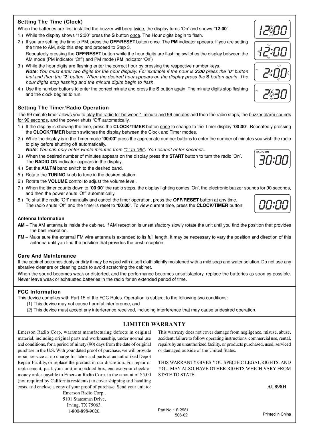 Emerson CK5859 manual Setting The Time Clock, Setting The Timer/Radio Operation, Care And Maintenance, FCC Information 