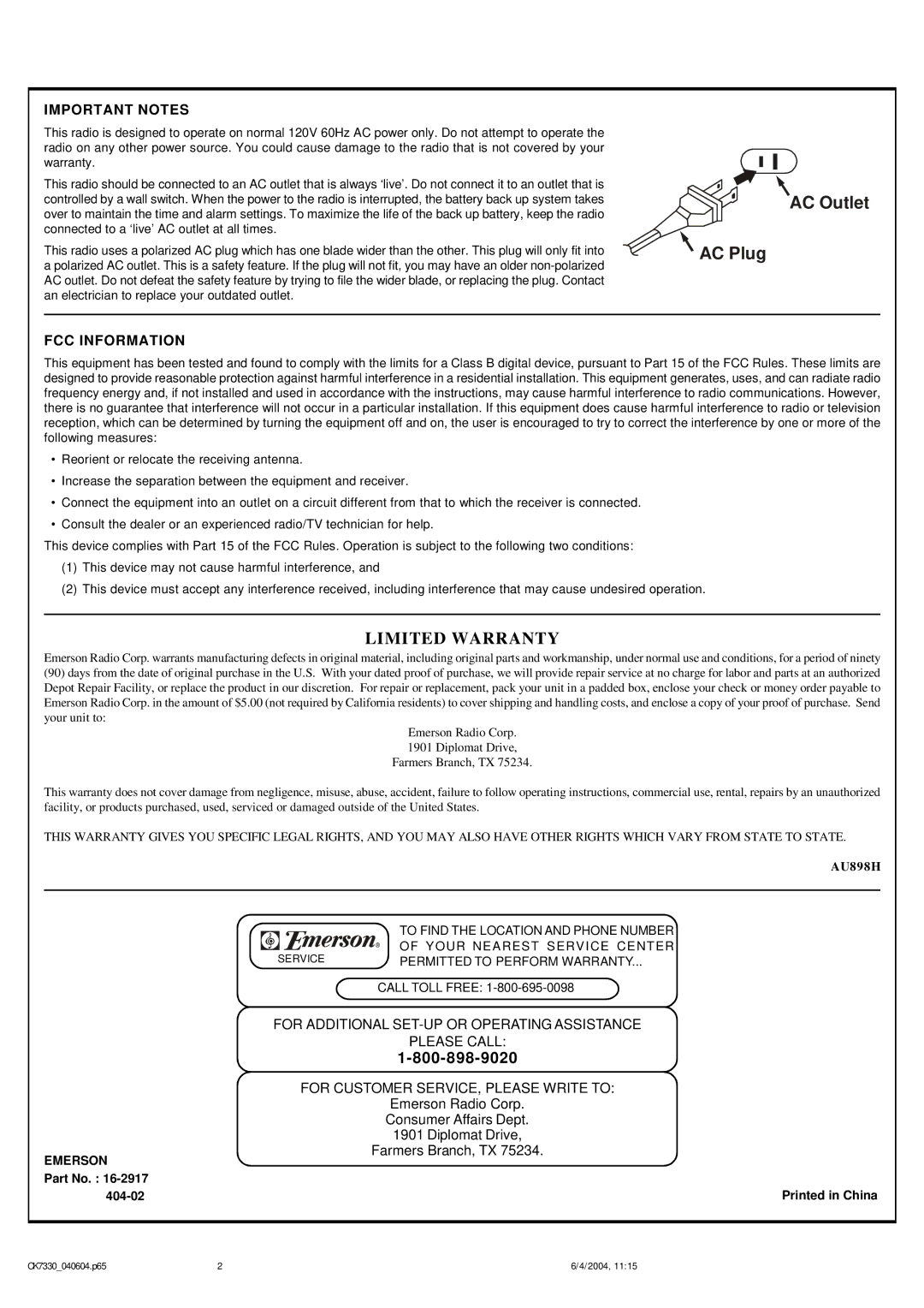 Emerson CK7330 user service Important Notes, FCC Information 