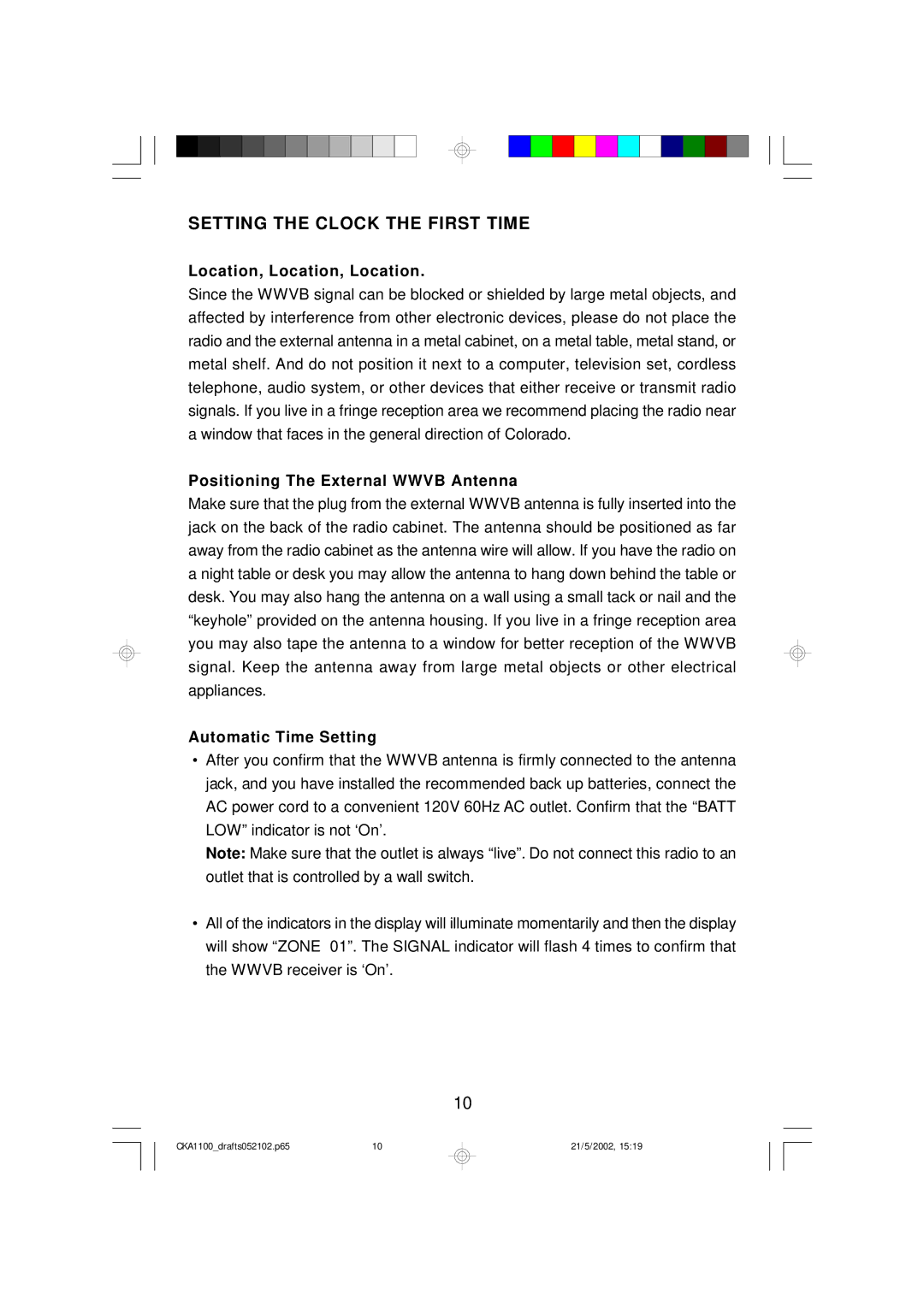 Emerson CKA1100 Setting the Clock the First Time, Location, Location, Location, Positioning The External Wwvb Antenna 