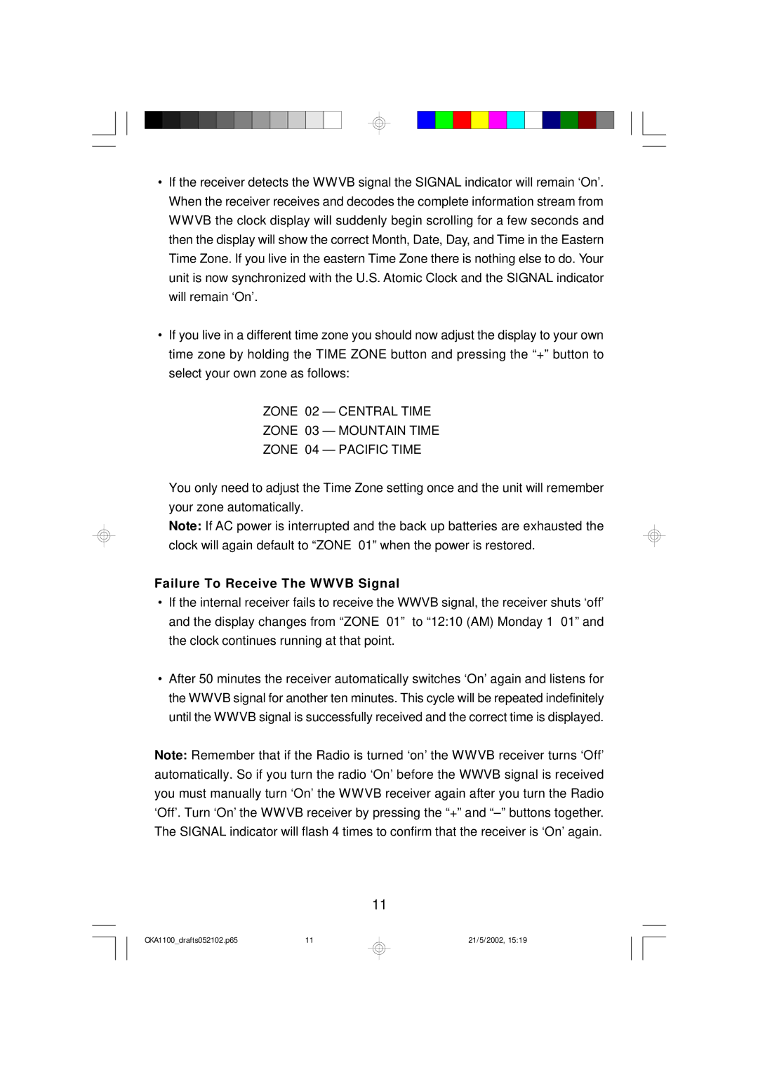 Emerson CKA1100 owner manual Failure To Receive The Wwvb Signal 