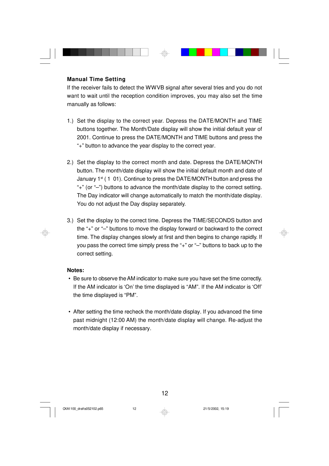 Emerson CKA1100 owner manual Manual Time Setting 