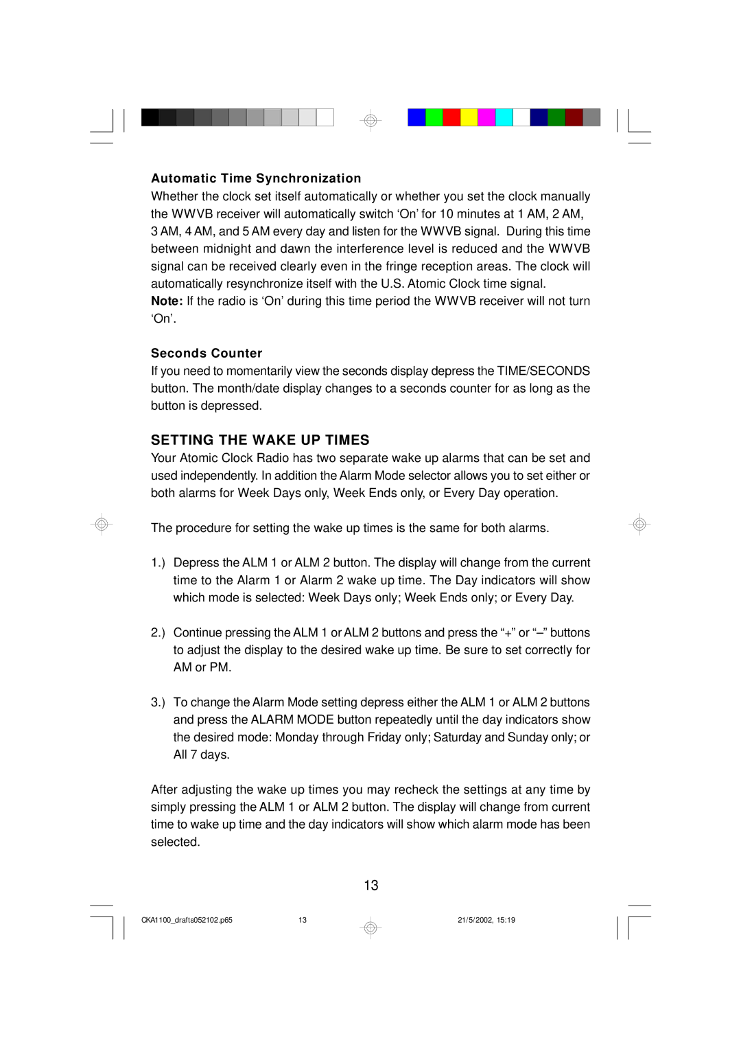 Emerson CKA1100 owner manual Setting the Wake UP Times, Automatic Time Synchronization, Seconds Counter 