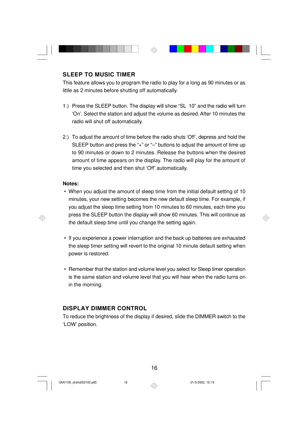 Emerson CKA1100 owner manual Sleep to Music Timer, Display Dimmer Control 