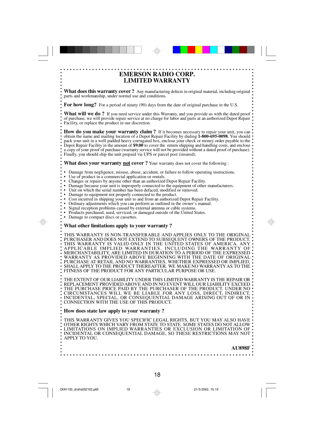 Emerson CKA1100 owner manual Emerson Radio Corp Limited Warranty 