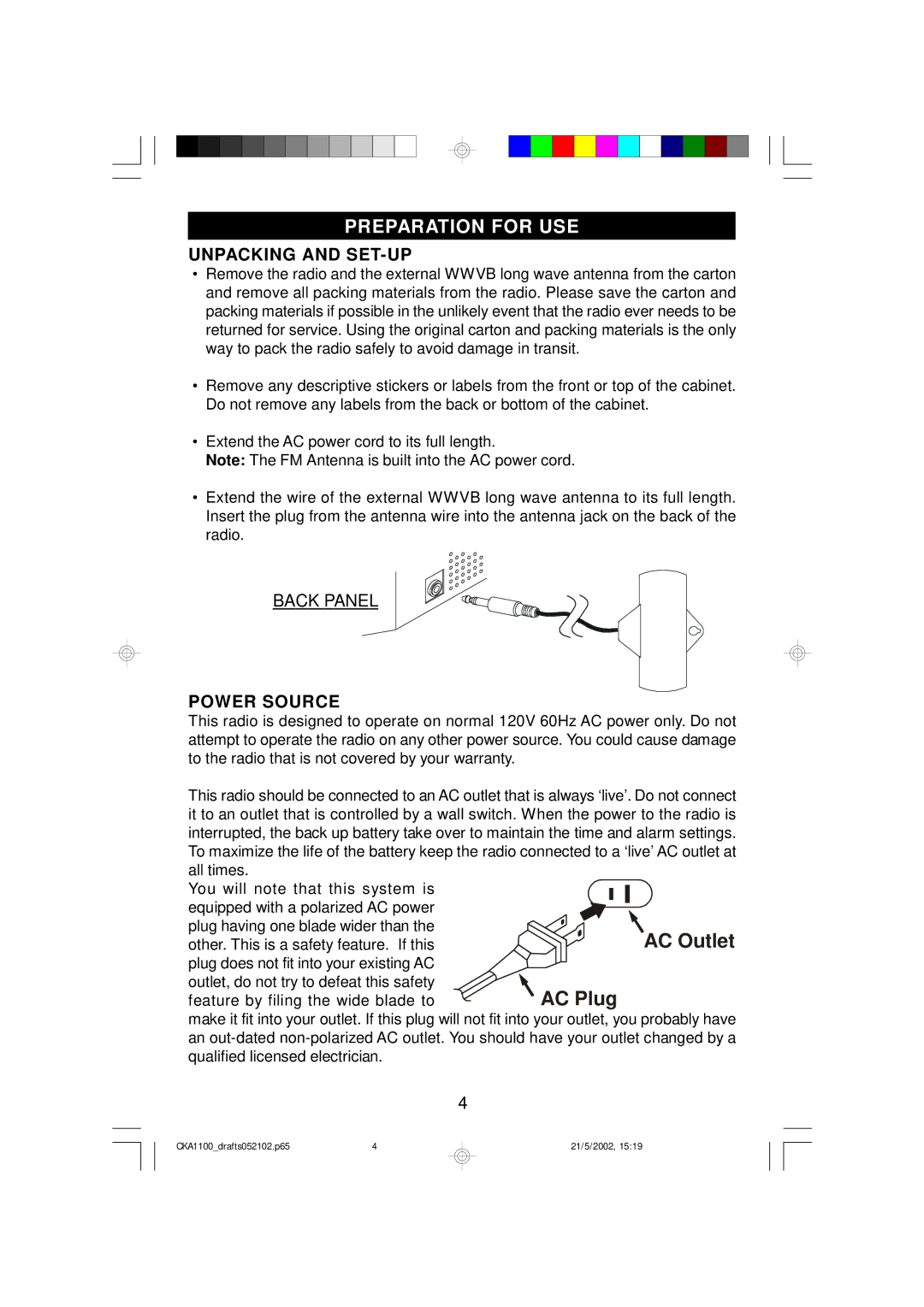 Emerson CKA1100 owner manual Preparation for USE, Unpacking and SET-UP, Power Source 