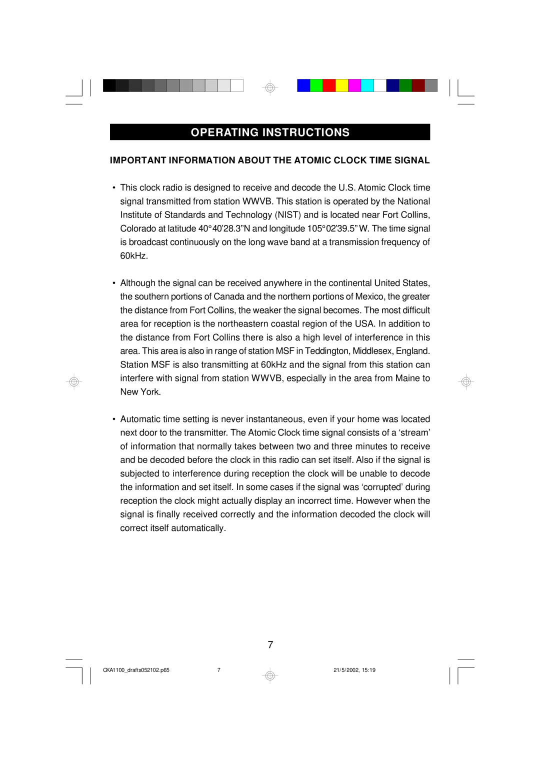 Emerson CKA1100 owner manual Operating Instructions, Important Information about the Atomic Clock Time Signal 