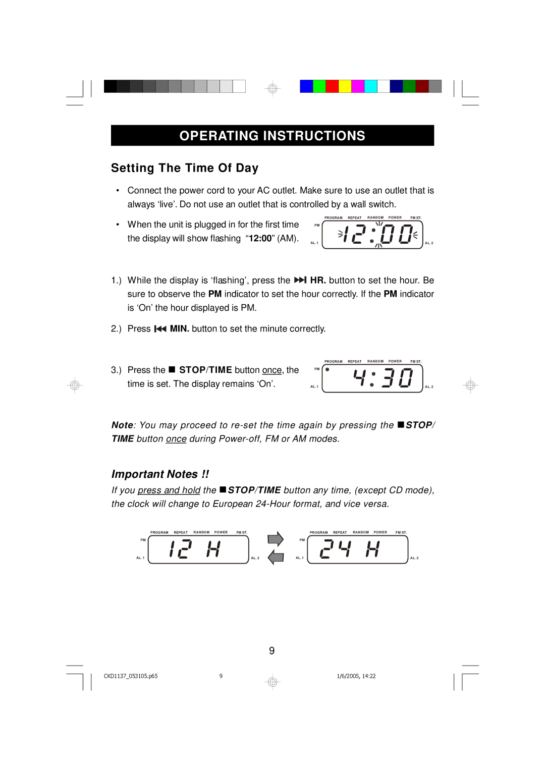 Emerson CKD1137 owner manual Operating Instructions, Setting The Time Of Day 