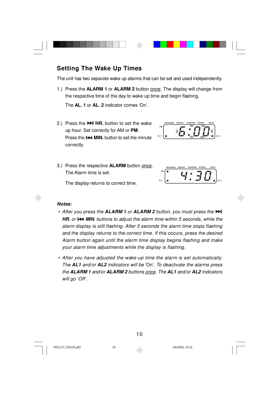 Emerson CKD1137 owner manual Setting The Wake Up Times 