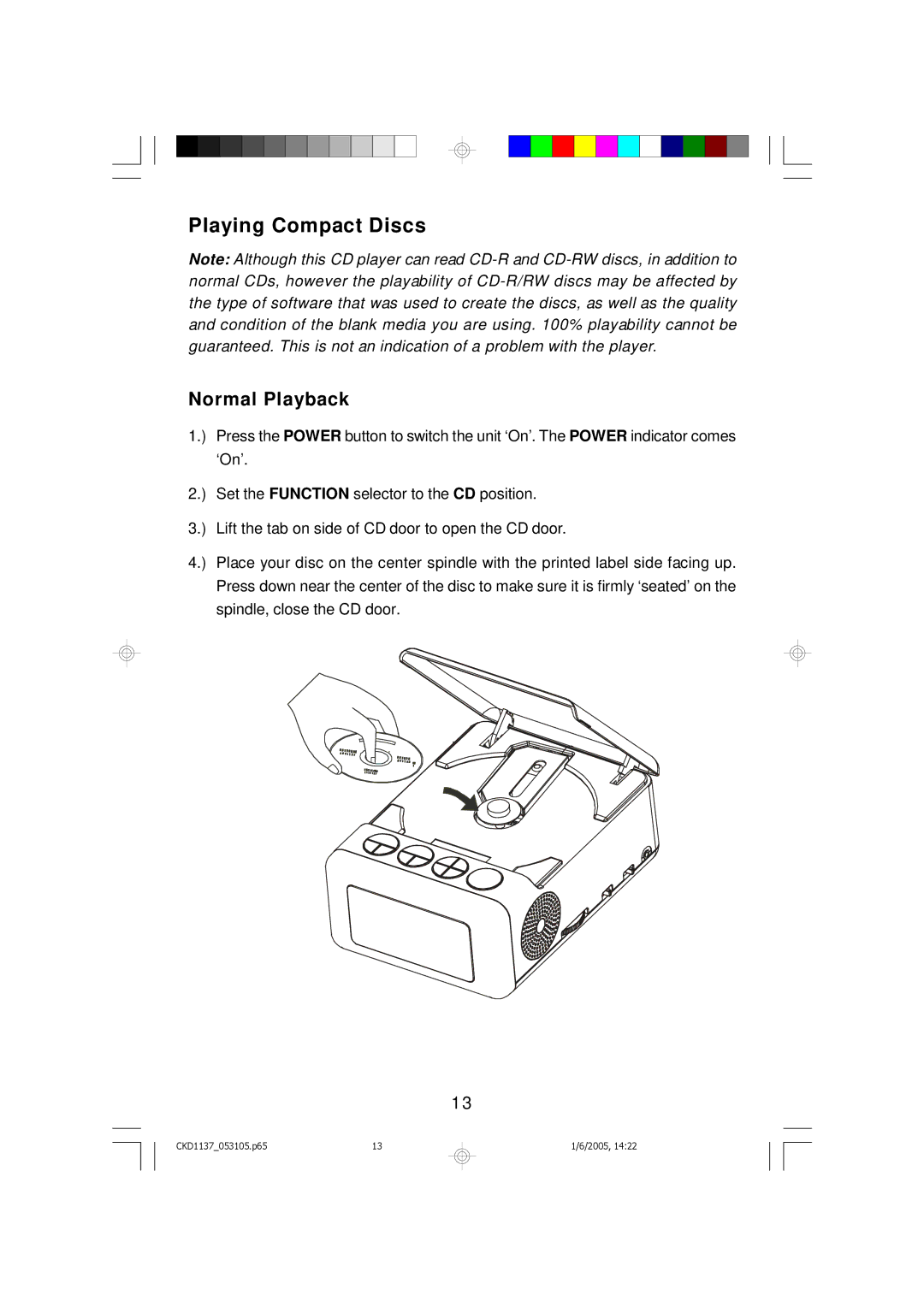 Emerson CKD1137 owner manual Playing Compact Discs, Normal Playback 