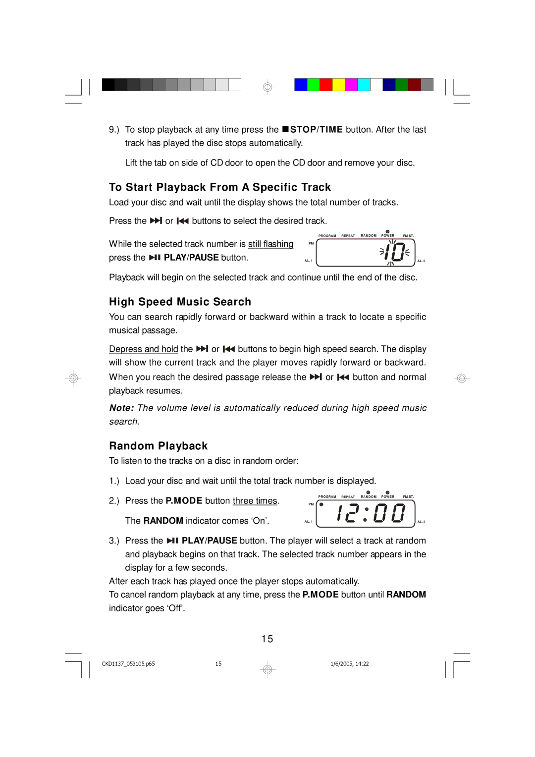 Emerson CKD1137 owner manual To Start Playback From a Specific Track, High Speed Music Search, Random Playback 