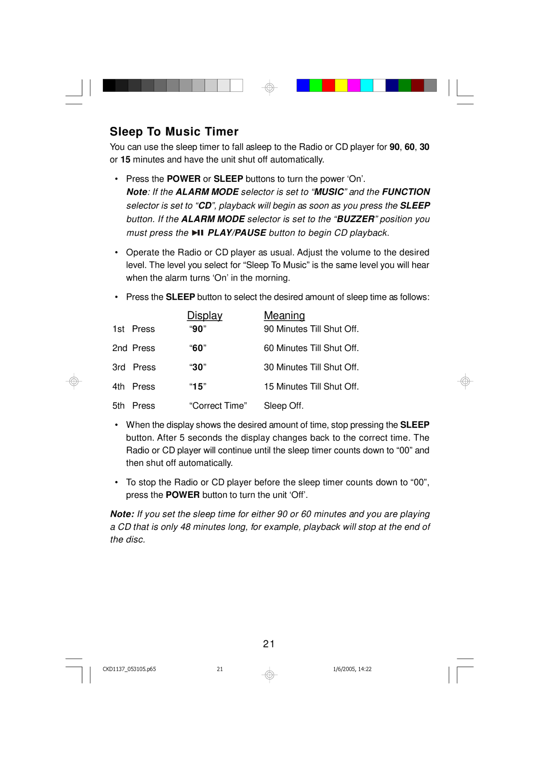 Emerson CKD1137 owner manual Sleep To Music Timer, Must press the PLAY/PAUSE button to begin CD playback 