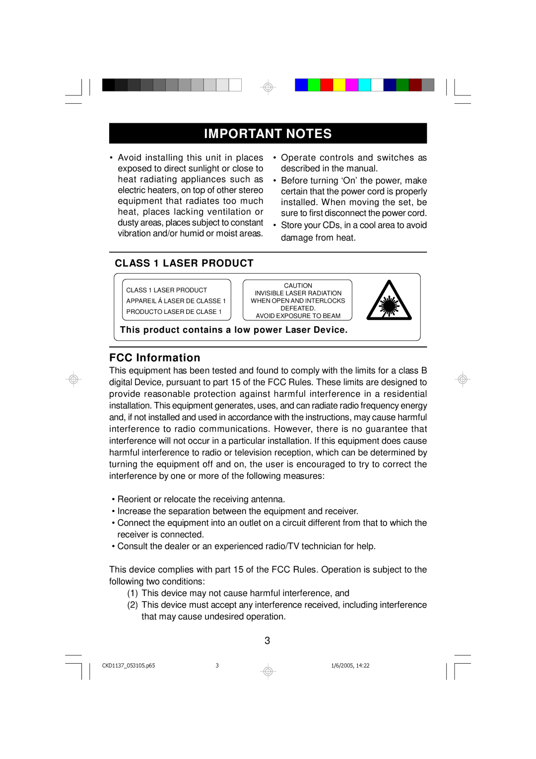 Emerson CKD1137 owner manual Important Notes, FCC Information 