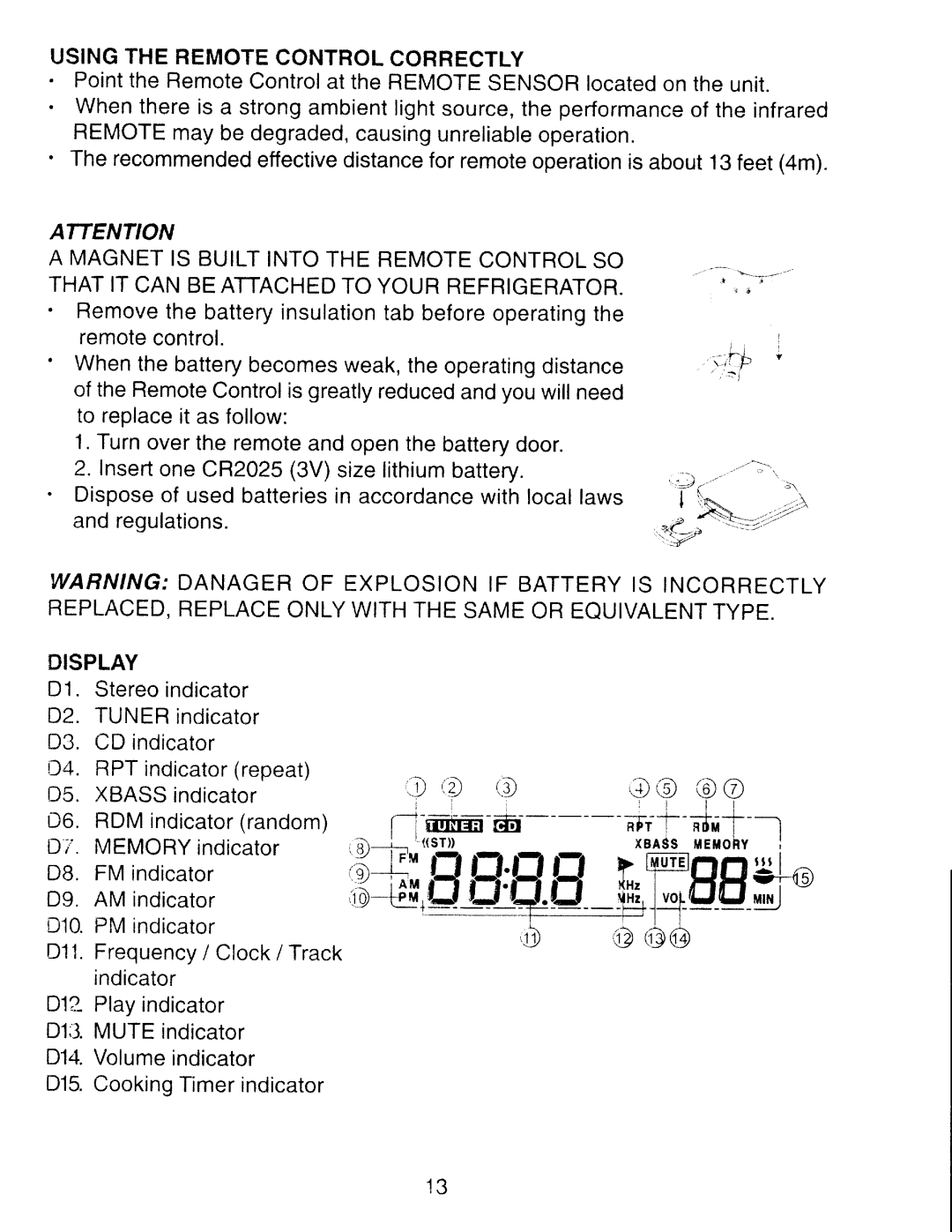 Emerson CKD1612 manual Usingtheremotecontrolcorrectly, Display 