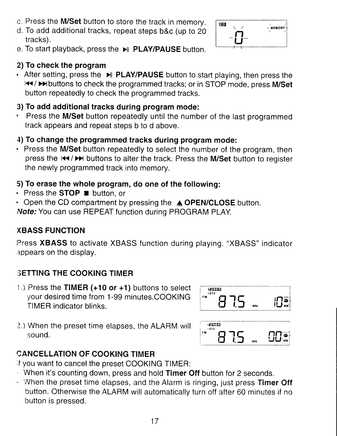 Emerson CKD1612 manual Xbassfunction, Settingthecookingtimer, Cancellationofcookingtimer 