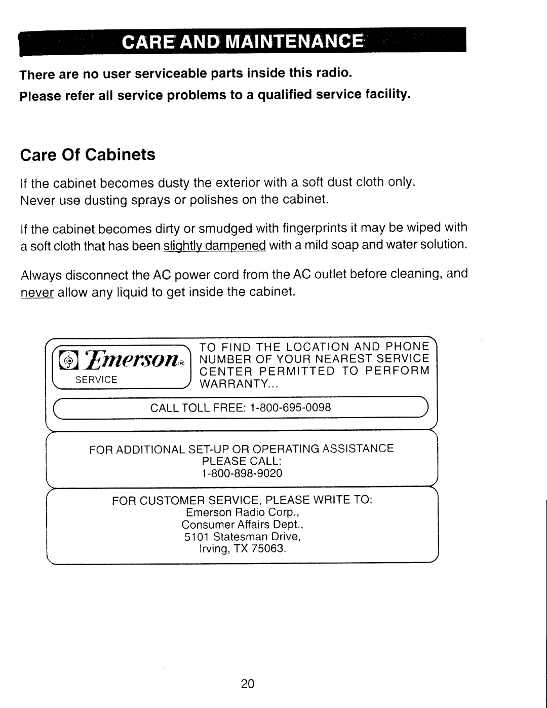 Emerson CKD1612 manual CareOf Cabinets 