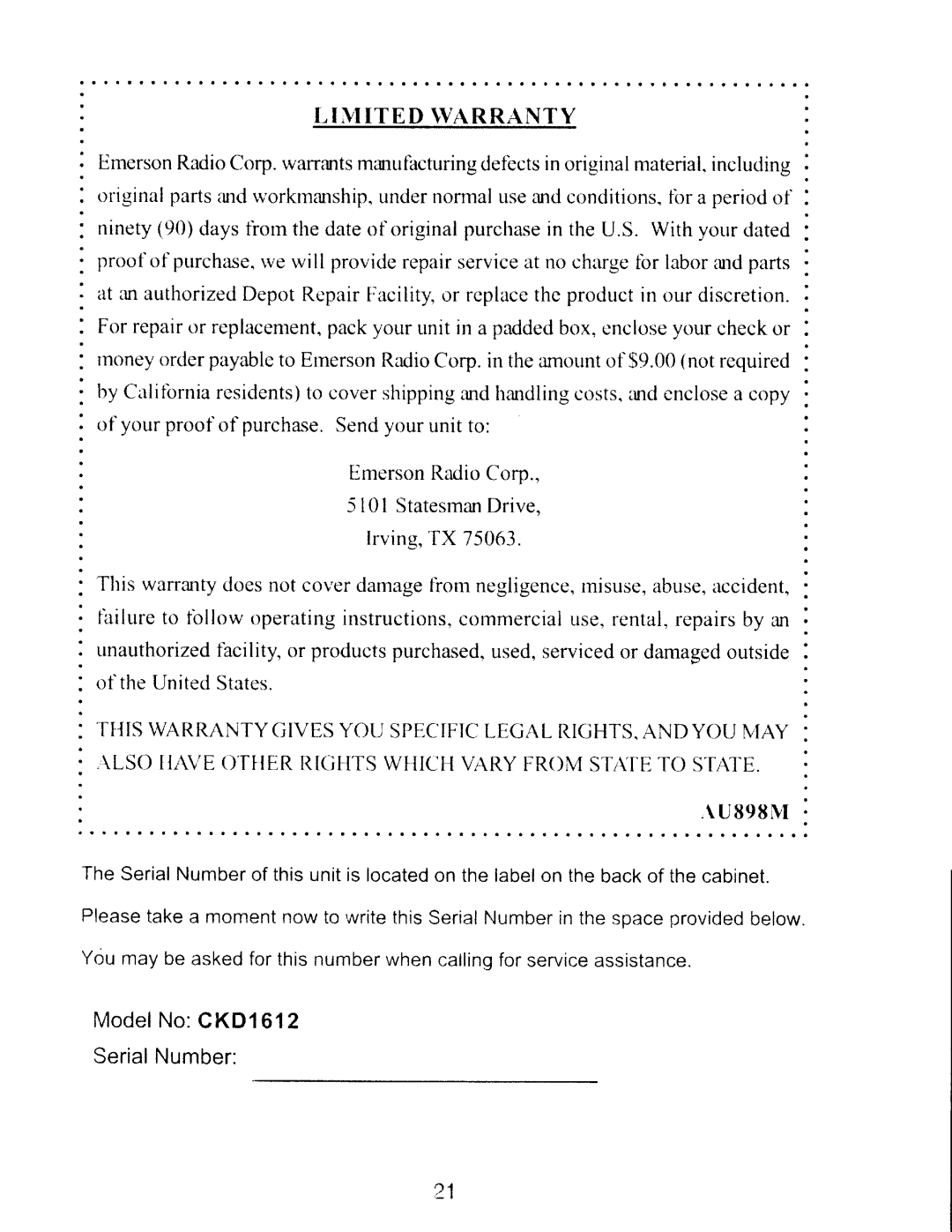 Emerson CKD1612 manual LIVttTETWARRANTY 