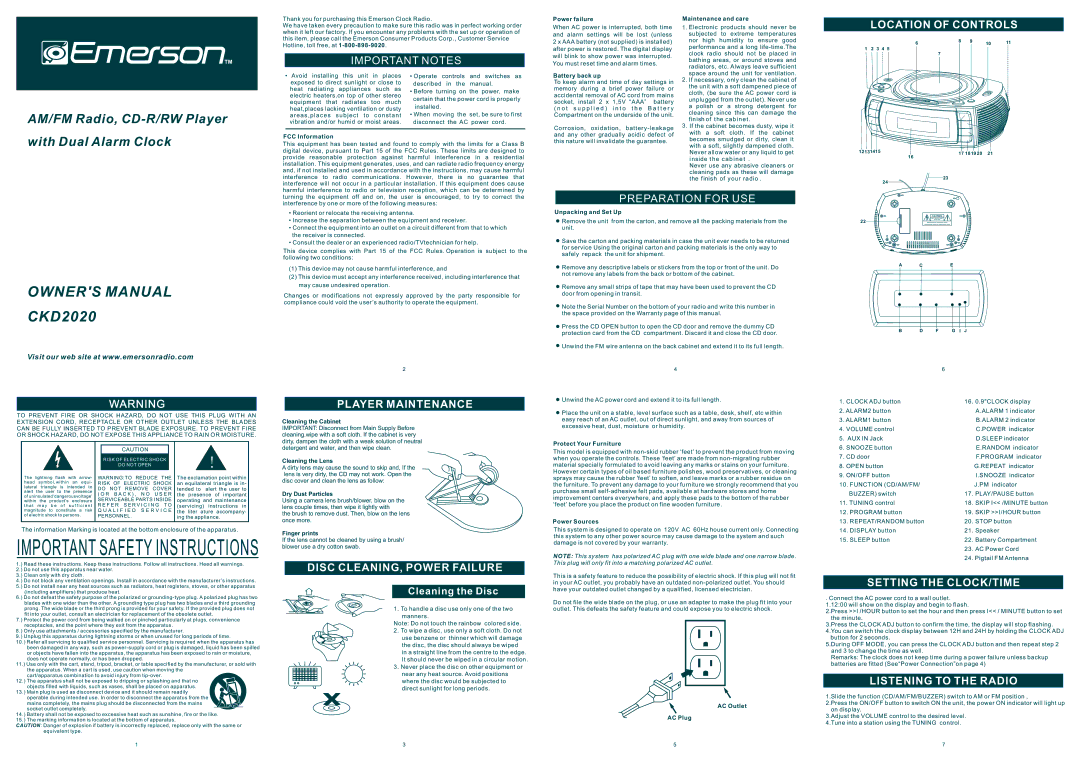 Emerson CKD2020 owner manual Location of Controls, Player Maintenance, Disc CLEANING, Power Failure 