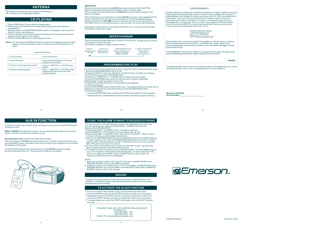 Emerson CKD2020 owner manual Antenna, CD Playing, AUX in Function 