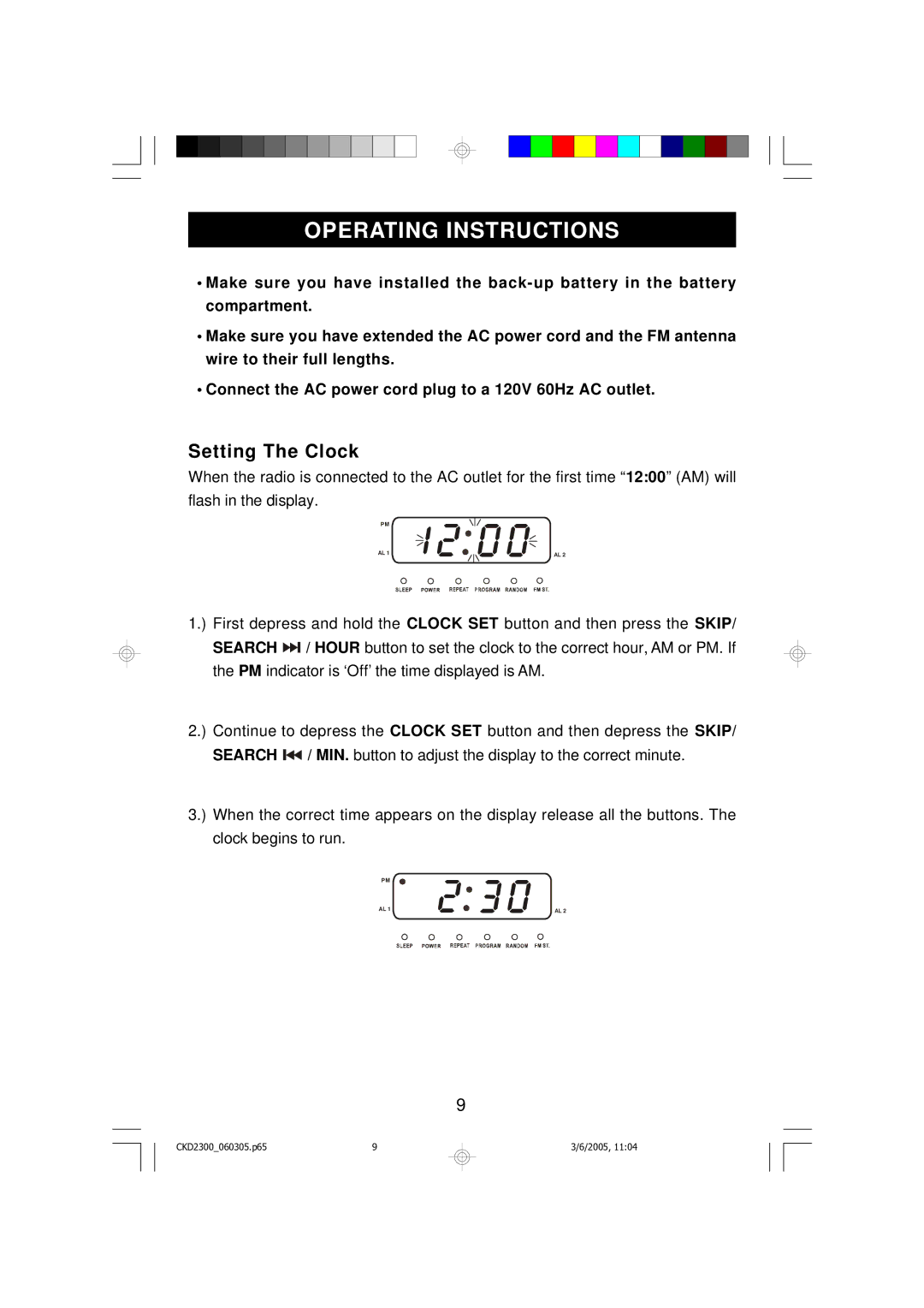 Emerson CKD2300 owner manual Operating Instructions, Setting The Clock 