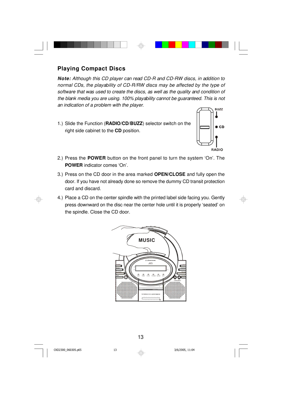 Emerson CKD2300 owner manual Playing Compact Discs, Music 