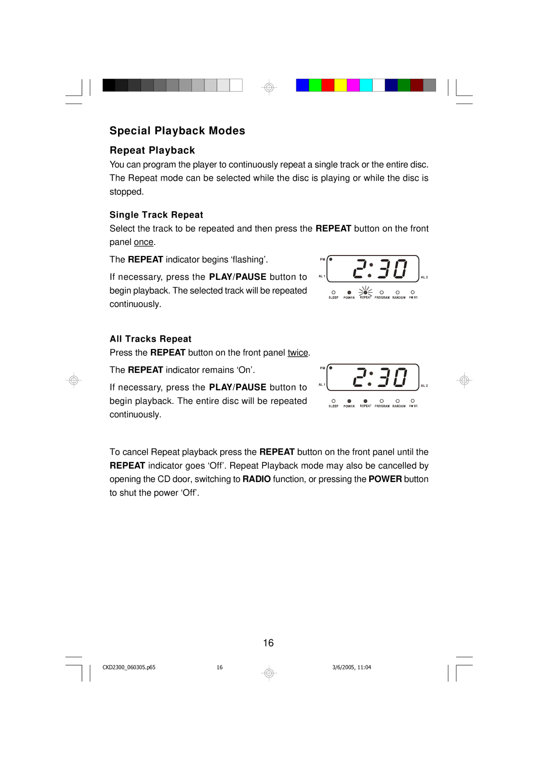 Emerson CKD2300 owner manual Special Playback Modes, Repeat Playback 